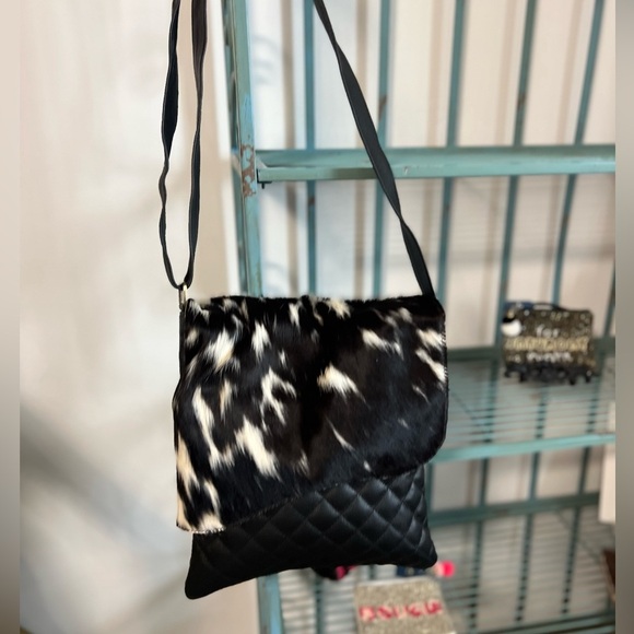 New Genuine Cowhide & Quilted Leather Crossbody Flap Bag Western Festival Black - Picture 5 of 16